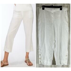 Chicos White Linen Button Hem Cropped Pants Sz 2.5 or 14 (35x22.5) Elastic Waist
